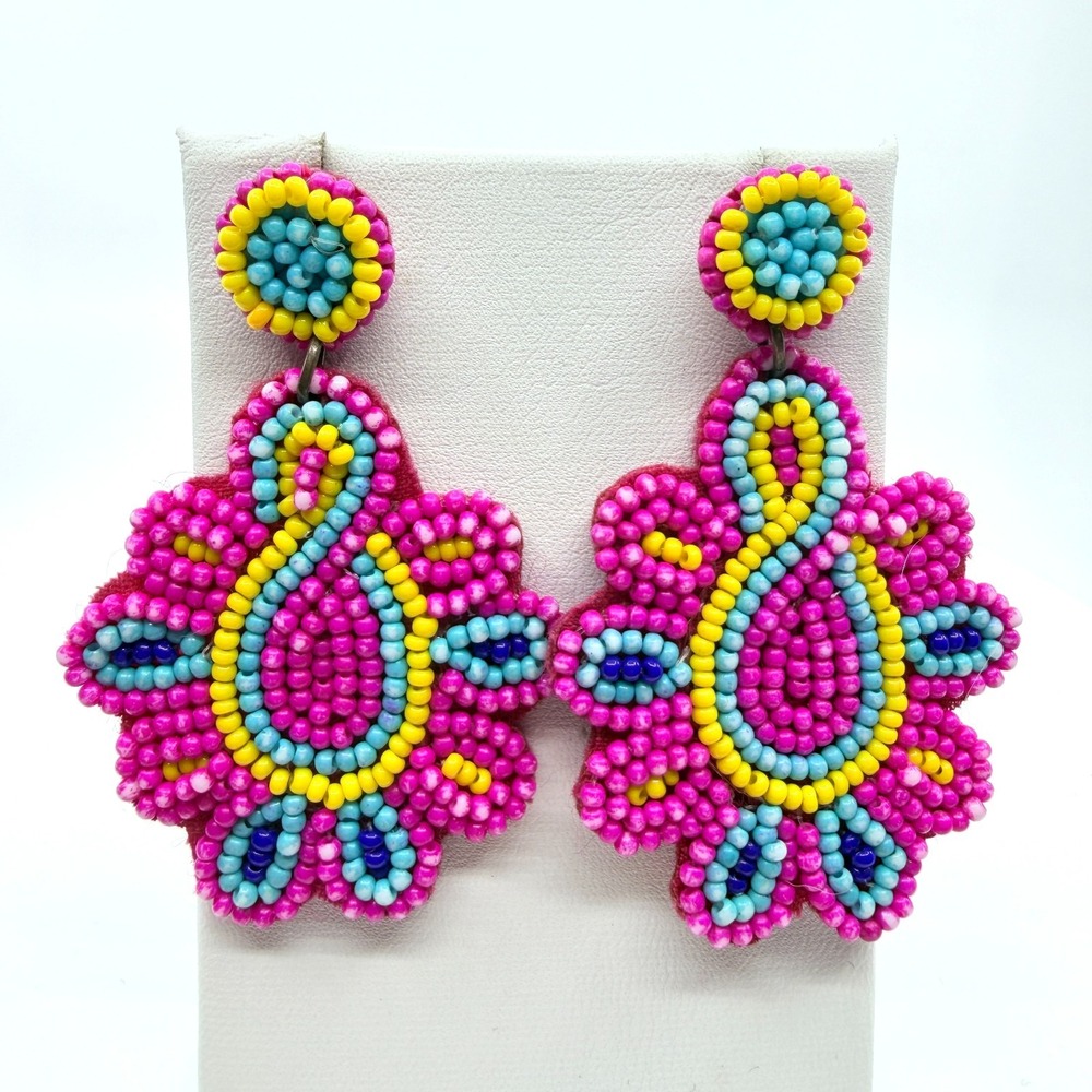 VTG Seed Bead Beaded Drop Dangle Statement Earrings Pink Yellow Boho Festival